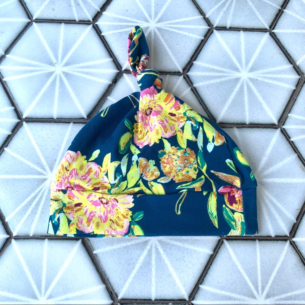 Infant Pink/Yellow Floral Top Knot Hat